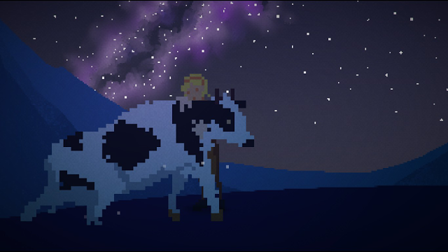 Ruth se abraza a su vaca pinta Lykke. Al fondo, una noche estrellada en la que se aprecia el espinazo de la noche: la Vía láctea.