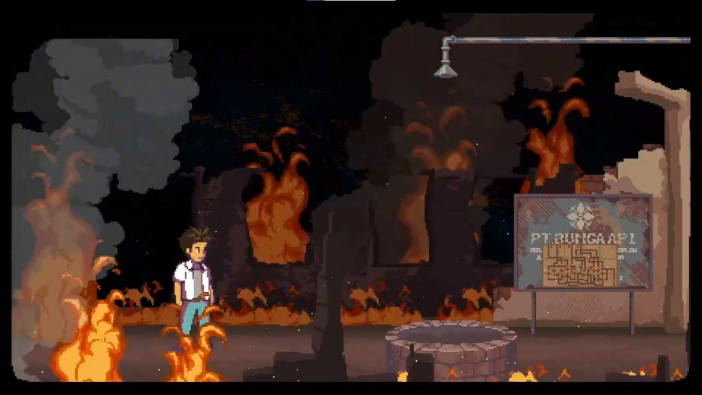 El protagonista está en un lugar en llamas, cerca de un pozo.