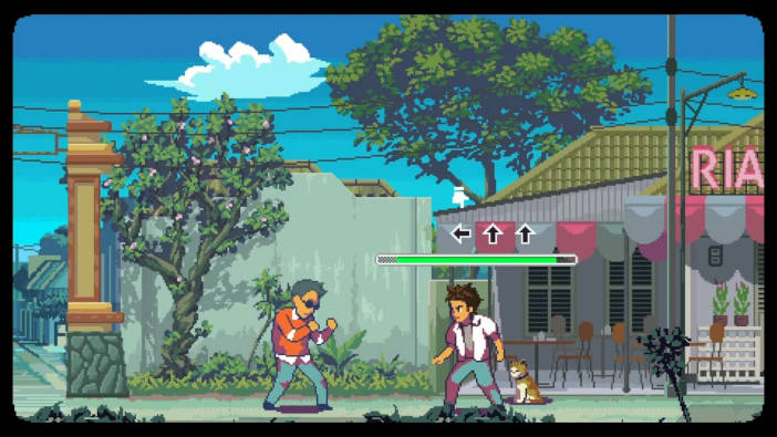El protagonista se enfrenta a un hombre, con gafas oscuras, a una pelea (sobre su cabeza se indica qué secuencia de teclas debemos seguir). Todo ante la mirada de un gato frente a una cafetería.