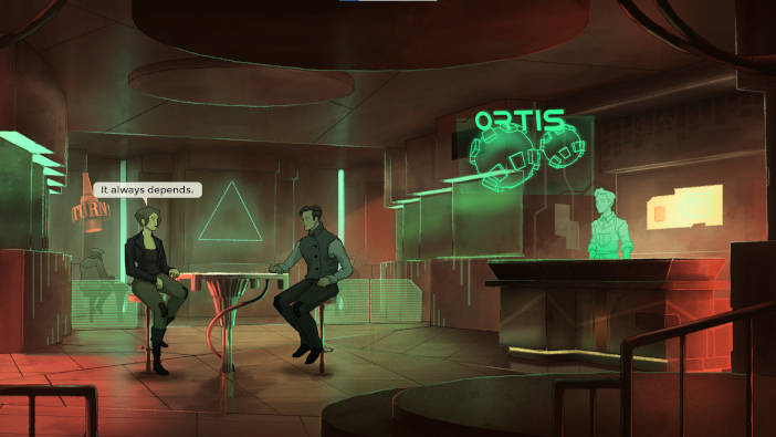 La protagonista está en un bar futurista sentada en la misma mesa que un hombre. Tras la barra hay un camarero holográfico.