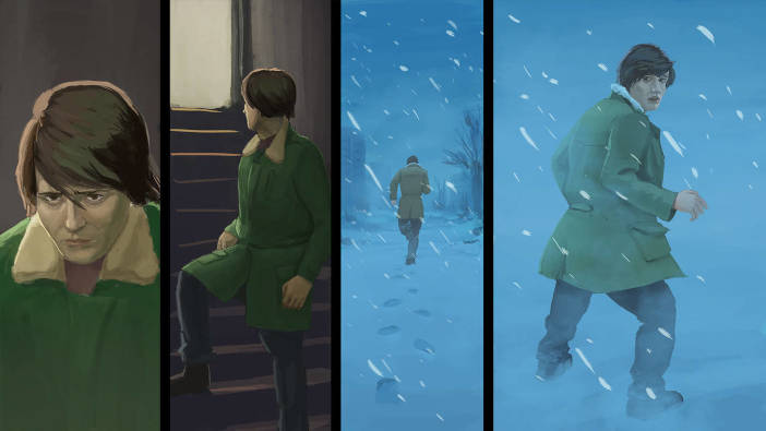 Mosaico del protagonista que nos lo muestra saliendo de un edificio, corriendo por la nieve y girándose.