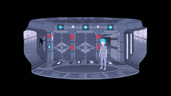 La protagonista está en una sala de metal con tres puertas, una de ellas abierta. Por los laterales, descienden dos escaleras.