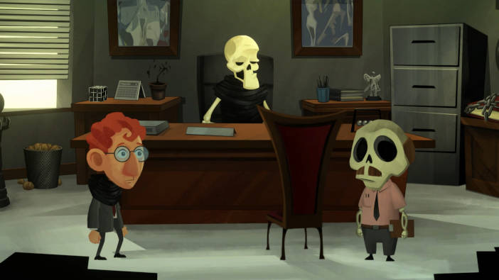 En el despacho de la muerte, que está sentada en su asiento, hay también un hombre pelirrojo de gafas y otro esqueleto que tiene un bigote.