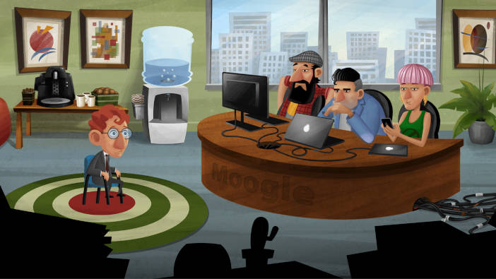 Una mujer y dos hombres con aspecto de modernos hacen una entrevista de trabajo a un hombre pelirrojo con gafas para ver si el adecuado para entrar a trabajar en la empresa Moogle.