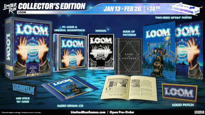 Edición coleccionista de Loom con dos posters, manual, libro de patrones, caja de cartón, audio drama en CD, un parche con el logo del juego y un USB con el juego.