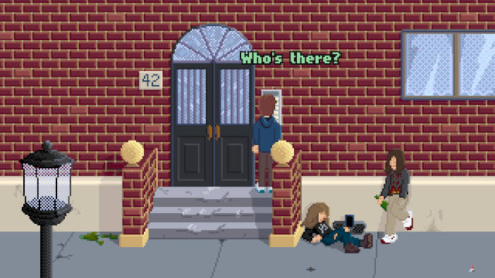 El protagonista habla a través del portero automático de un edificio. Dos chavales están tirados al lado de la escalera.