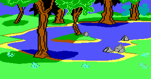 Una charca tiene una diminuta isla con un árbol en su interior. Escena del King's Quest II original.