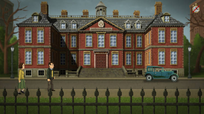 El protagonista está de pie ante un edificio de la universidad de Miskatonic.