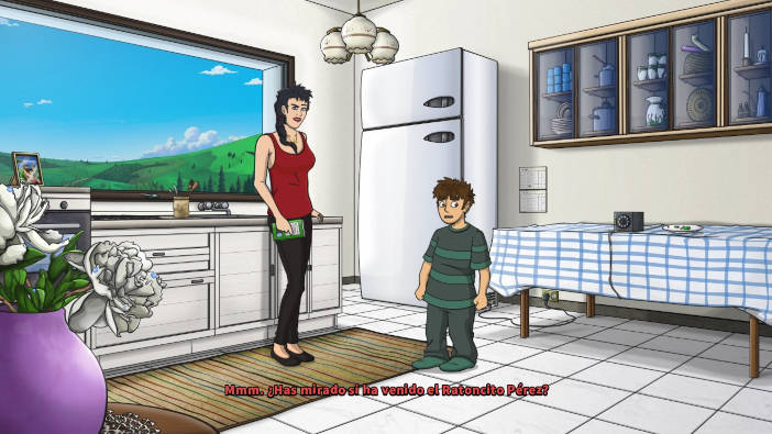 Una madre y un hijo en la cocina. La madre le pregunta al niño si ha mirado si ya ha venido el Ratoncito Pérez.