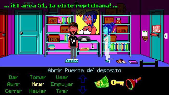 Diego está en su tienda de cómics frente a un holograma de la princesa Lanor.