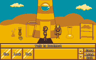 Una mujer está ante una torre. La puerta de esta, está escoltada por dos robots. Salvo el cielo (azul), todo el resto, interfaz incluida, es color oro