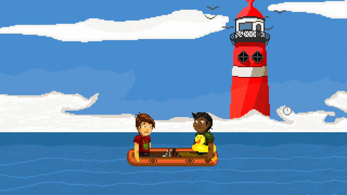 Mikey y Grovey, que lleva un flotador con forma de pato a la cintura, navegan en una balsa de goma hacia el faro abandonado.