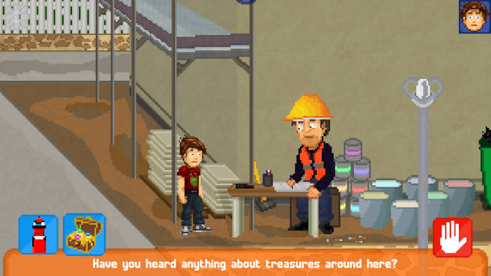 Mikey está frente a un trabajador de la construcción y le pregunta qué sabe sobre tesoros en la zona.