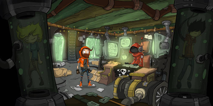 Crypto, el protagonista, con barba y cubierto con una capucha roja, está delante de un mostrador con la bandera pirata en el que lo que parece un androide está tecleando en un ordenador. En la sala, hay varias personas metidas en tanques transparentes.