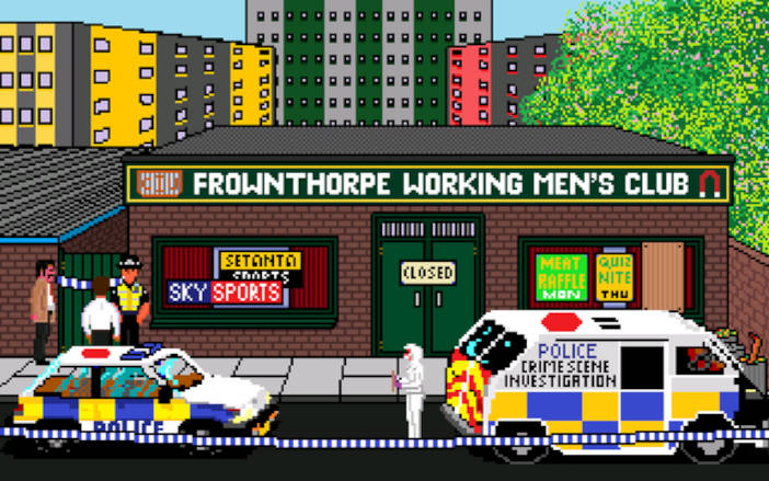 Exterior de un club cerrado, el Frownthorpe Working Men's Club, que está precintado por la policía. En la calle hay dos coches de la policía estacionados y varios agentes en el exterior.