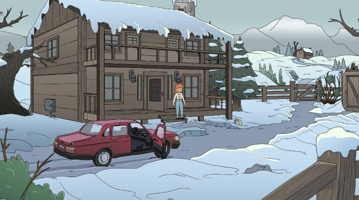 Una mujer pelirroja con gafas está en el exterior de una campaña, el paisaje está nevado y es de día. Hay un coche rojo con la puerta abierta en el medio de la calle.