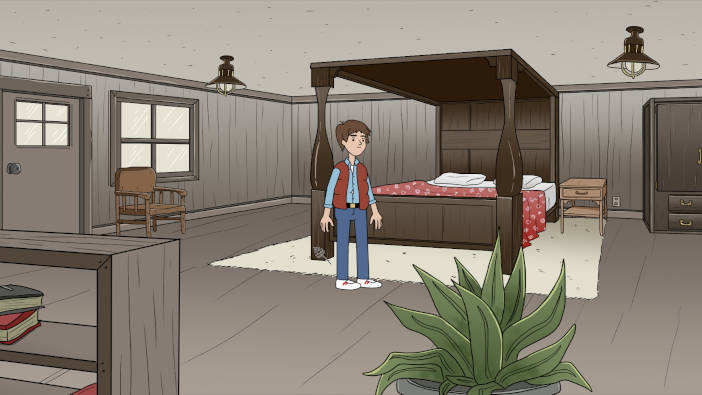 Un chaval con un chaleco rojo está en en una habitación donde hay una cama con dosel. Todo el mobiliario es de madera.