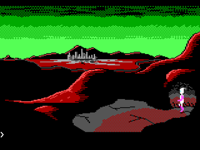 Un personaje encapuchado se asoma desde las montañas. Al fondo, hay unas grandes edificaciones y el cielo es verde.