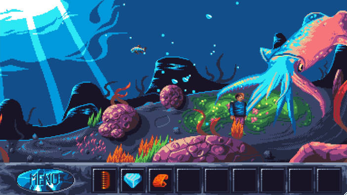 El protagonista está debajo del mar frente a un calamar gigante.