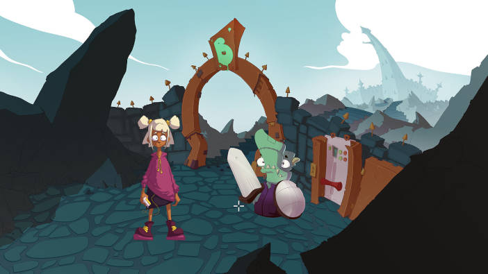 Una niña de pelo blanco está de pie frente a un ser verde que porta una espada muy ancha y un escudo y que está escoltando una puerta.