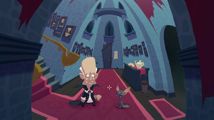 Un vampiro anciano que lleva en la mano una taza dorada está frente a un pequeño mamífero, tal vez un murciélago. Están en un castillo.