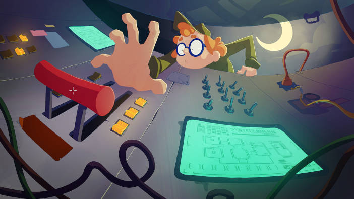 Un niño con traje y gorra verdes, pelirrojo y con gafas intenta alcanzar una palanca en una consola llenada de botones y pantallas.