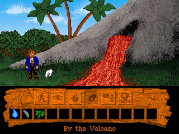 El sprite de Guybrush Threepwood "tomado prestado" de Monkey Island 2 con un poco ma´s de barba está ante un volcán.