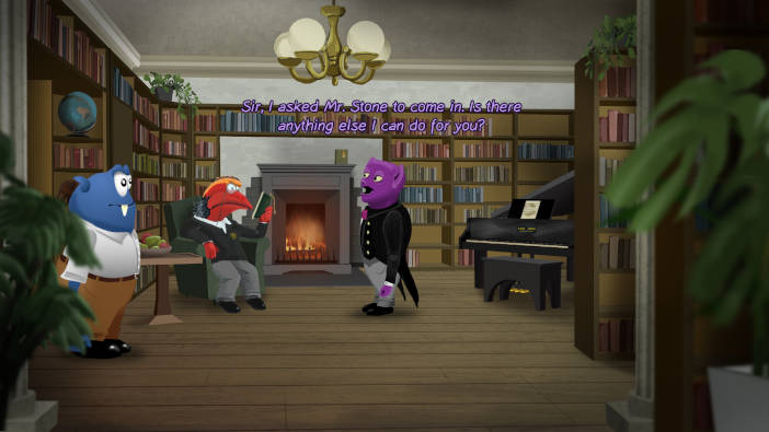 El protagonista, un monstruo azul, está ante otros dos monstruos en la biblioteca de una antigua mansión. Uno de ellos es el señor de la casa, sentado en un sillón leyendo (lleva monóculo). Hay una chimenea y un piano.