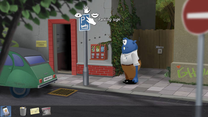 El protagonista está en la calle, ante una señal de aparcamiento.