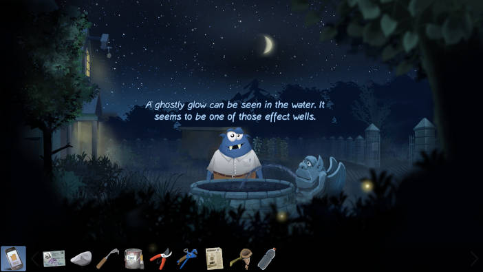 El protagonista está en un jardín de noche ante una fuente con una gárgola echando agua por la boca.