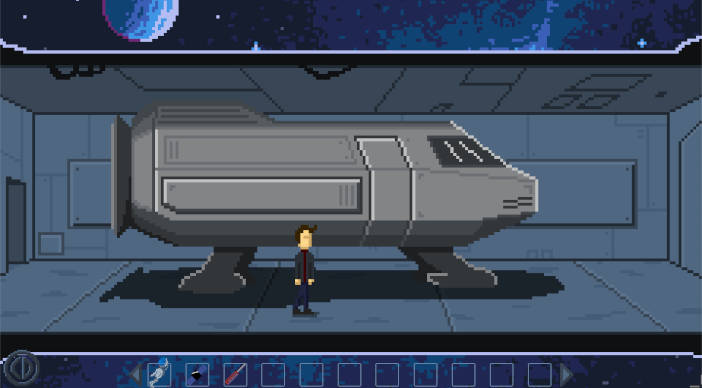 El protagonista está frente a una nave aparcada.