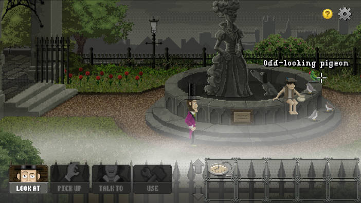 El protagonista está en un parque londinense brumoso donde hay una estatua de una mujer con un perro. Un niño está sentado en la estatua mientras da de comer a las palomas y a un loro. El protagonista contempla la escena.