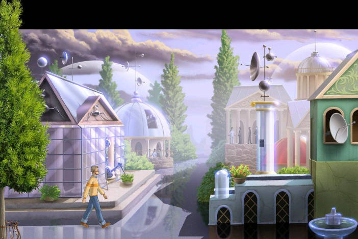 El protagonista anda por un complejo con árboles, edificios de cristal con antenas y robots, un observatorio y varios edificios que parecen mezclar diferentes culturas clásicas.