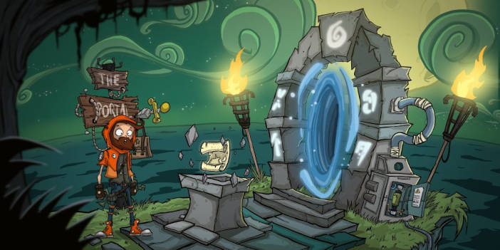 El protagonistas está frente a un portal interdimensional que está señalado por un letrero. Al fondo, se puede ver un mar, unas nubes y una luna más que imitan a Monkey Island 3.
