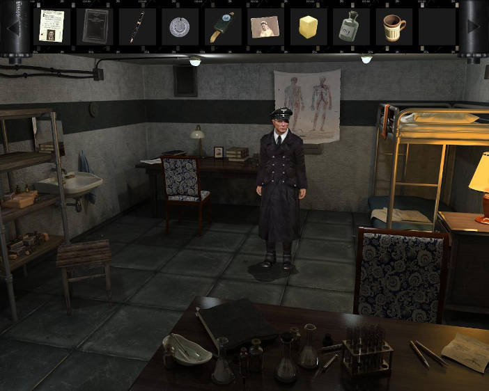 Un hombre uniformado se encuentra en una habitación dentro de un búnker. Hay unas literas, un lavabo, un escritorio, una mesa con material de laboratorio y un cartel anatómico.