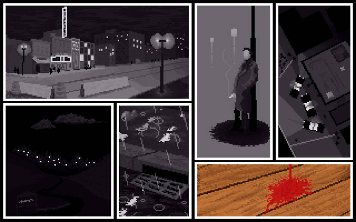 Composición con viñetas de diferentes escenas: una calle, un hombre apoyado en una farola mientras fuma, una vista cenital de una intervención policial, un bosque nocturno, una alcantarilla bajo la lluvia y una mancha de sangre sobre el parqué, salvo esta última, el resto de imágenes son en blanco y negro.