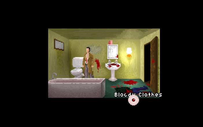 El protagonista está en un cuarto de baño con sangre por todas partes.