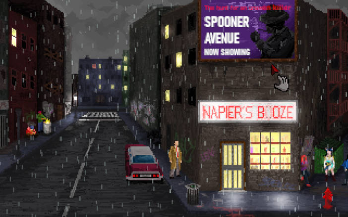 El protagonista está en una calle lluviosa al lado de la puerta de un establecimiento llamado Napier's Booze (en el letrero falta una de las oes).
