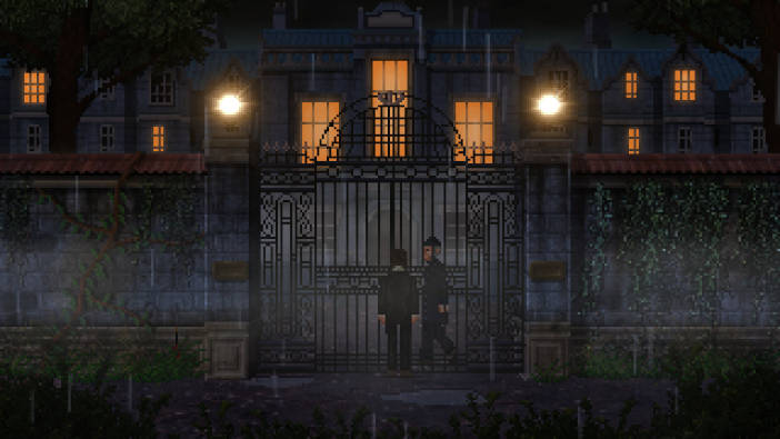 El protagonista frente a la verja de la entrada de una mansión.