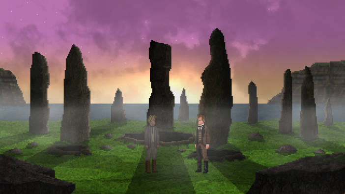 El protagonista y otro hombre están en una explanada que tiene unas rocas en formación y hay un agujero excavado en el centro.