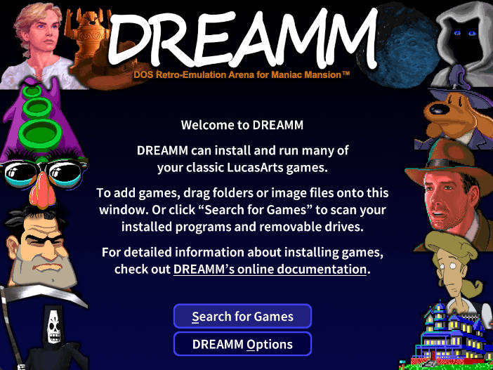 Pantalla de bienvenida del emulador DREAM. En los laterales hay personajes de las aventuras de Lucas. En el centro un texto explica para qué sirve el programa y hay dos botones: para buscar los juegos en el disco duro y para acceder a las opciones. 