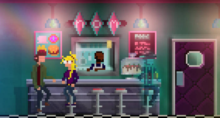 Interior de una hamburguesería. El cocinero se asoma por la ventana que da al local. En la barra, está sentado el protagonista humano al lado de una chica y unos sitios más allá está sentado el fantasma.