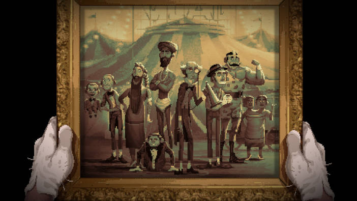 El protagonista sujeta una antigua foto en la que se ve al director del circo con un monóculo y un megáfono y al elenco de artistas: unas gemelas siamesas, un forzudo, un payaso, un faquir, una mujer barbuda, un ventrílocuo y un hombre sin piernas.