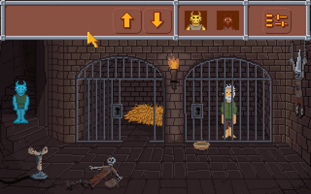 Un kobold desciende a un calabozo. Hay un esqueleto encadenado al suelo y en una de las celdas está encerrado un hombre de pelo y barba blancas. 