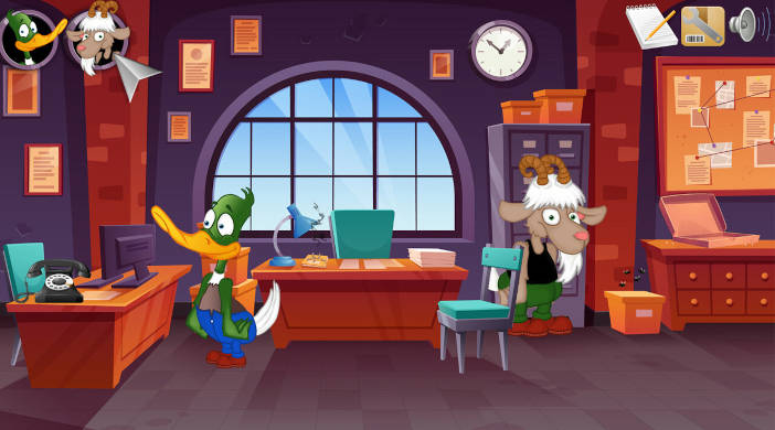 Un pato y una cabra están en una oficina. 