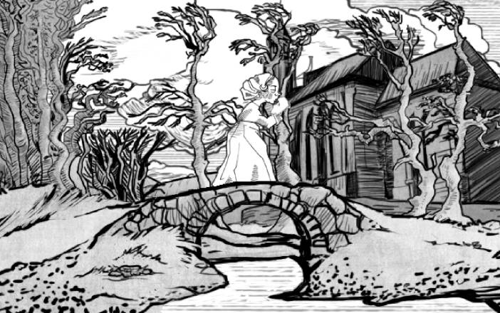 En un escenario en blanco y negro, una mujer cruza un pequeño puente de piedra. 